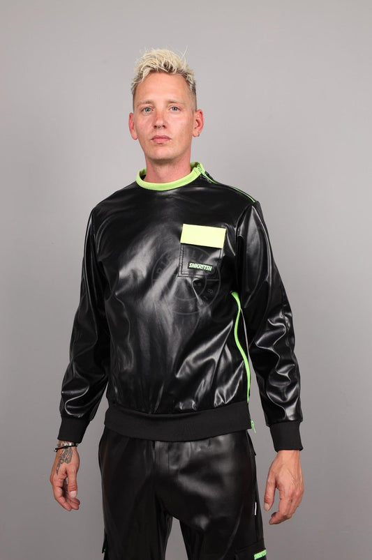 SNKRFTSH Black Vegan Leather Sweater - Neon Touch