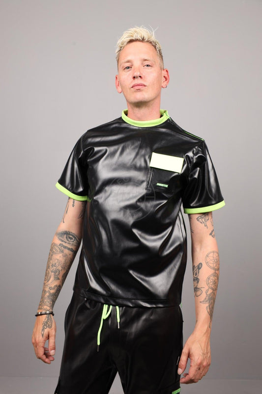 SNKRFTSH Black Vegan Leather T-Shirt - Neon Touch