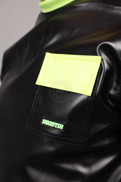 SNKRFTSH Black Vegan Leather T-Shirt - Neon Touch